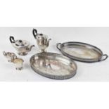 A silver plated four piece tea service comprising teapot, coffee pot, sugar bowl, milk jugs, also