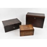 A group of three wooden trinket boxes, one inlaid and one brass bound (3).