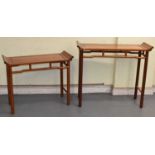 Two modern Chinese hardwood alter tables, largest width 110cm.