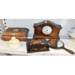 MAPPIN & WEBB; a 20th century oak mantel clock, and French ormolu mounted box, with ceramic plaques,