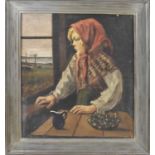 CHRISTIAN AIGENS (1870-1940); oil on canvas, study of a young girl looking out of the window,