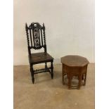 A Victorian carved oak hall chair and a brass inlayed occasional table with octagonal top on folding