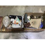 Two boxes of various collectors' items, including ceramics, dressing table tray, carved cannon,