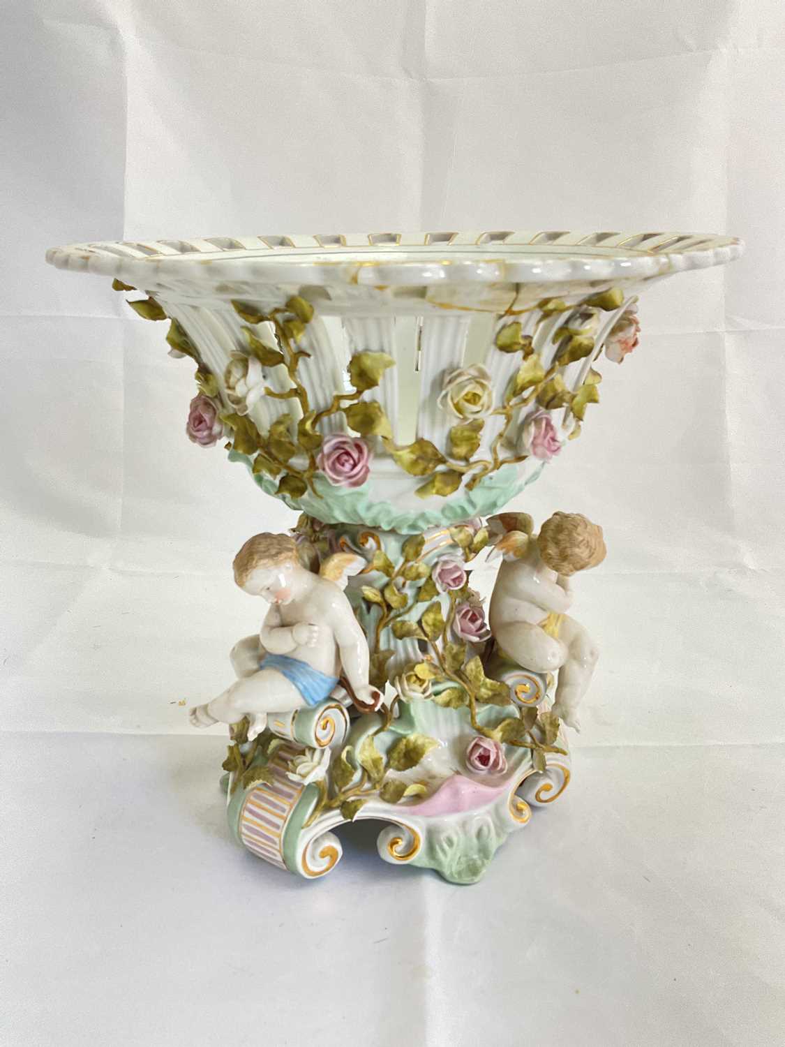 A large late 19th century Continental porcelain centrepiece with pierced circular bowl with - Image 2 of 5