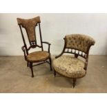 A Victorian walnut and button upholstered low nursing chair and an Edwardian mahogany and
