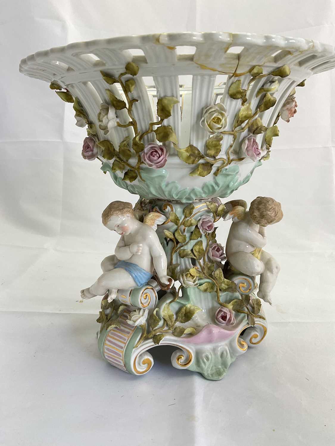 A large late 19th century Continental porcelain centrepiece with pierced circular bowl with - Image 4 of 5