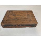 A vintage Fry's wooden chocolate box inscribed to the exterior of lid and with paper label to