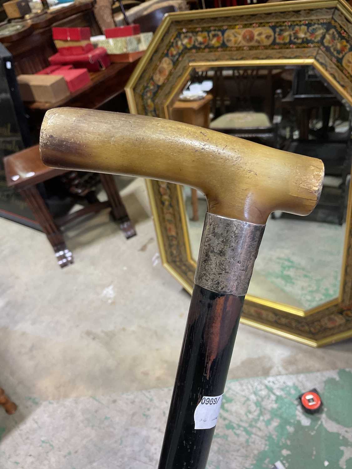 A early 20th century walking stick with horn handle, silver band and ebonised tapering shaft, length - Image 5 of 5