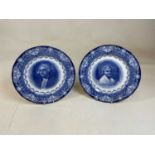 ROYAL DOULTON; a pair of blue and white transfer decorated plates for the American market,