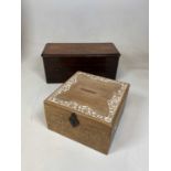 A 19th century inlayed music box case (case only), width 48cms and a square section carved box (2)