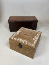 A 19th century inlayed music box case (case only), width 48cms and a square section carved box (2)