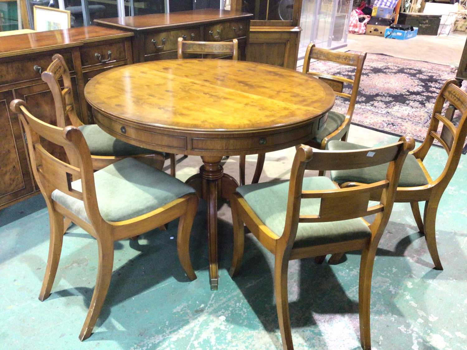 BEVAN FUNNELL; a reproduction yew wood dining room suite comprising circular extending table, six - Image 2 of 14