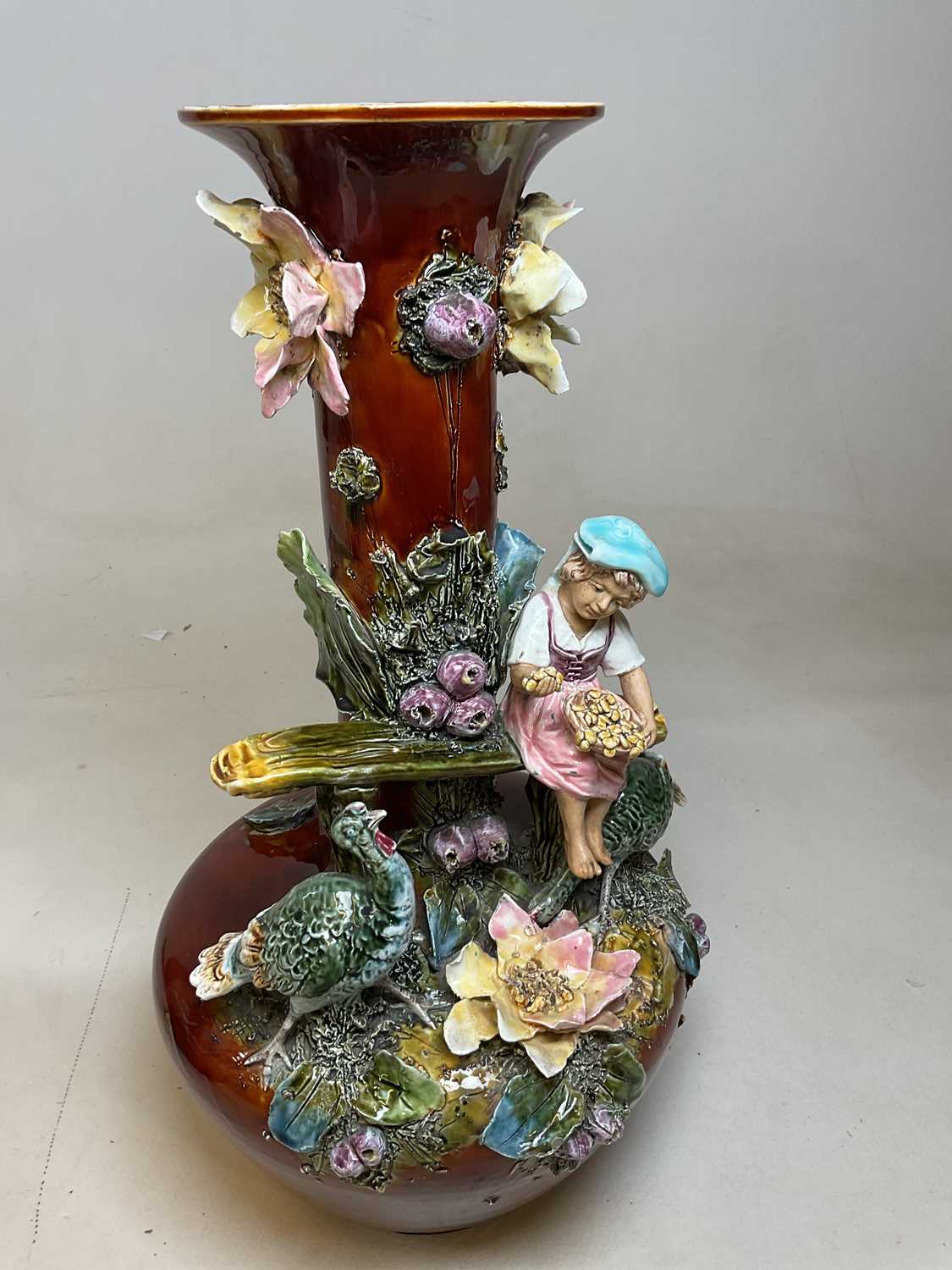 A large and impressive pair of late 19th century French majolica figural vases, height 53.5cm. - Image 3 of 11