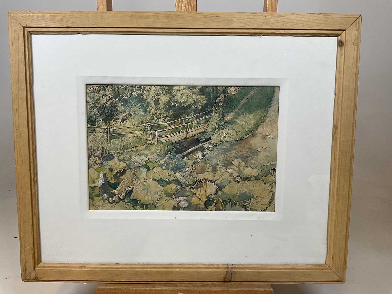 † R T GOWERN; watercolour, 'Stream near Loders, Dorset', signed and inscribed on exhibition label - Image 2 of 4