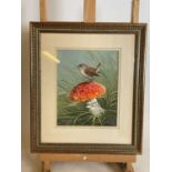 † RALPH WATERHOUSE; gouache, study of a wren standing upon a toadstool, signed, 24 x 19cm , framed