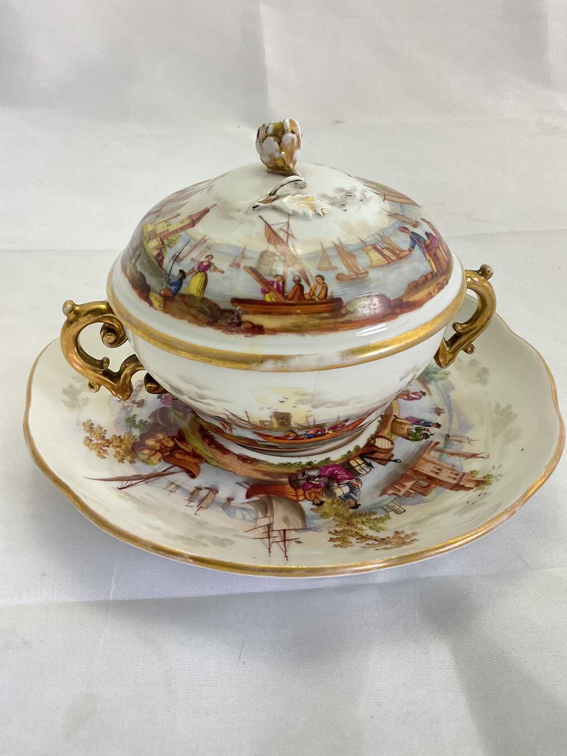 IN THE STYLE OF MEISSEN; a late 19th century twin handled cup, cover, and stand, decorated with a - Image 8 of 20