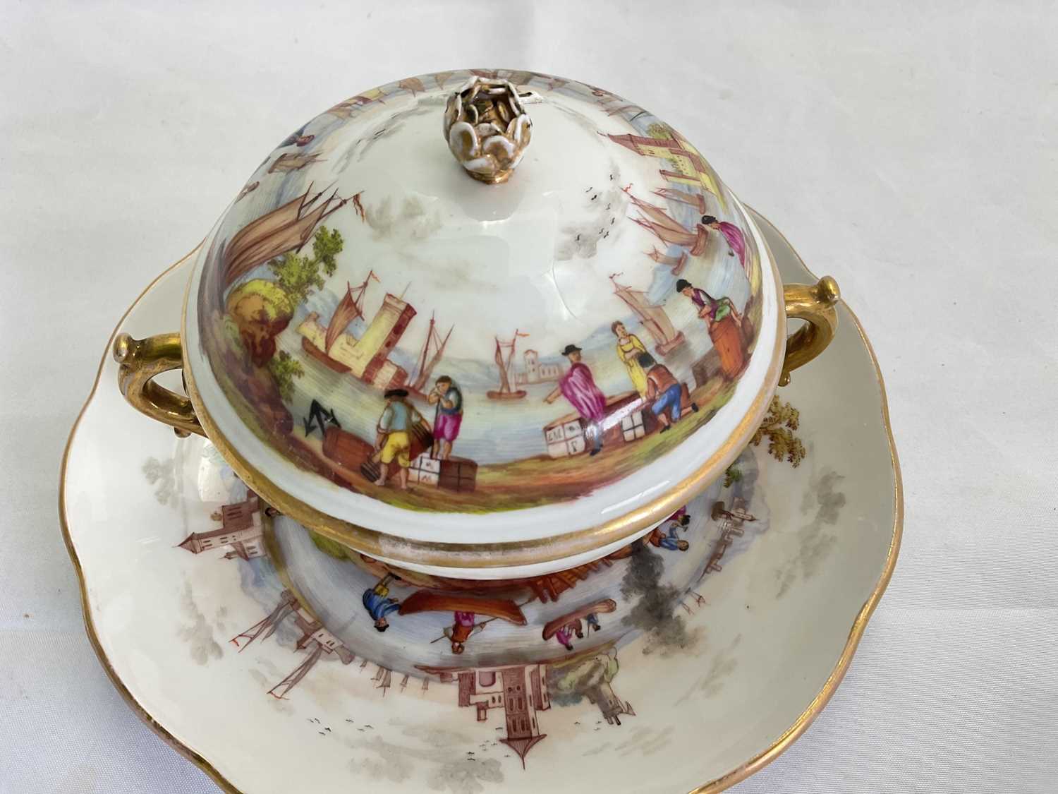 IN THE STYLE OF MEISSEN; a late 19th century twin handled cup, cover, and stand, decorated with a - Image 9 of 20