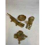 Four brass ornaments comprising crocodile, frog, sphinx, and ashtray (4).