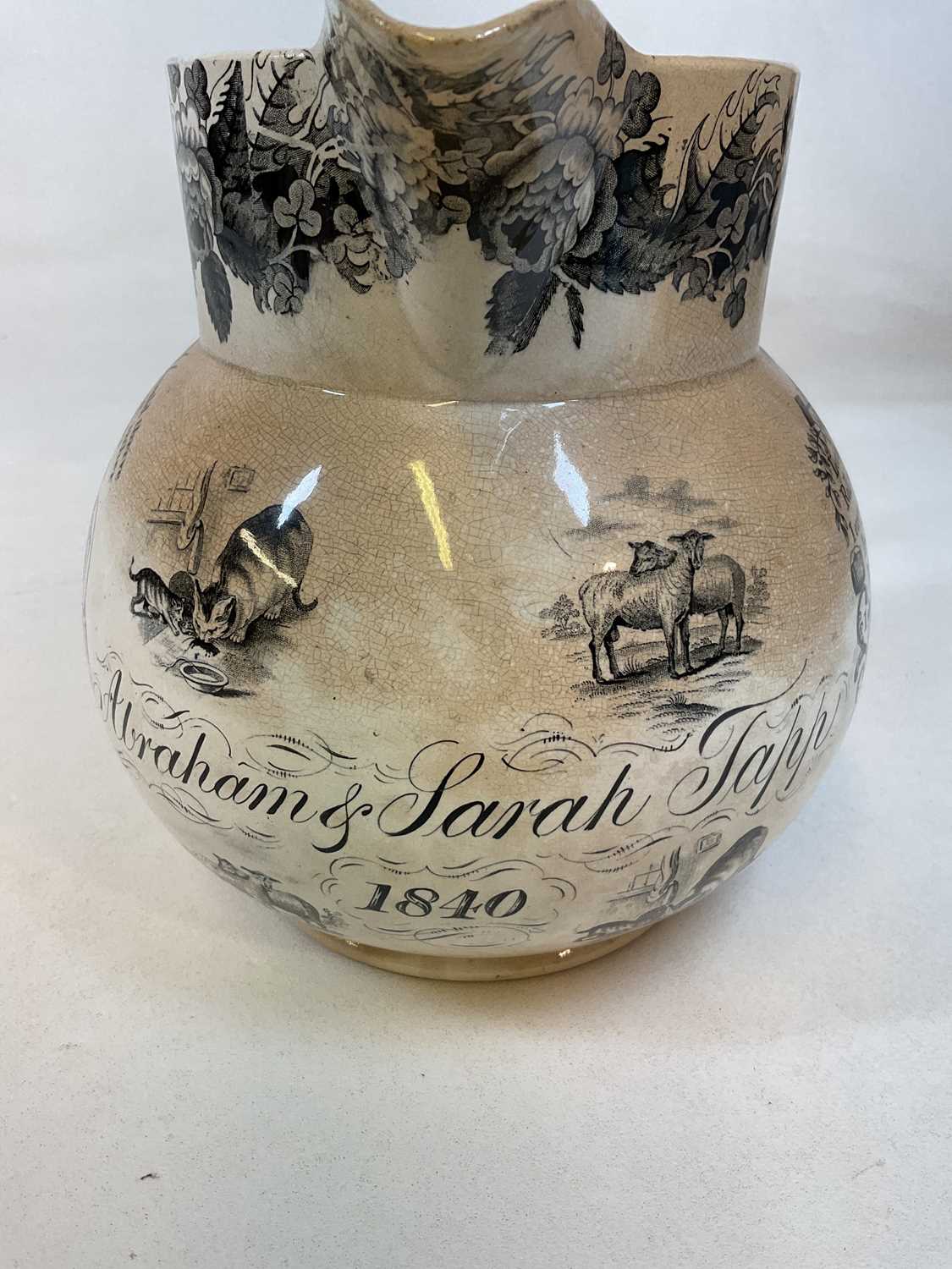 A large mid-19th century transfer decorated marriage jug inscribed 'Abraham & Sarah Tapp 1840', - Image 5 of 11