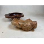A burr yew carved bowl, and a further rustic carved bowl (2).