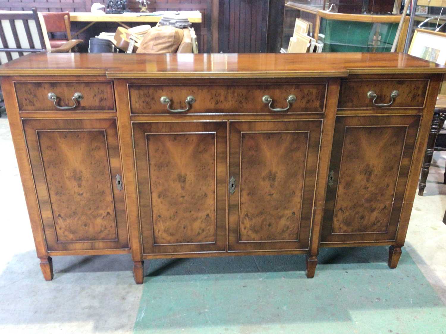 BEVAN FUNNELL; a reproduction yew wood dining room suite comprising circular extending table, six - Image 4 of 14