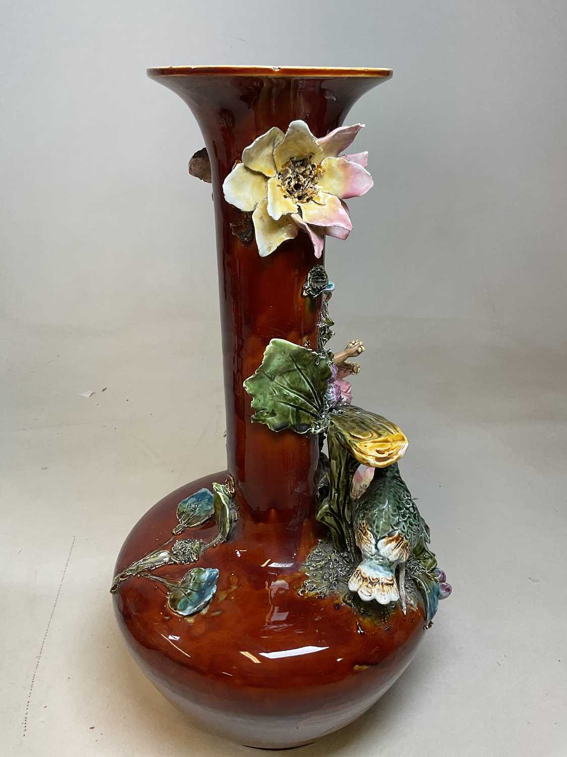 A large and impressive pair of late 19th century French majolica figural vases, height 53.5cm. - Image 4 of 11