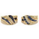A pair of 14ct yellow gold sapphire and diamond half hoop earrings, set with forty-nine brilliant