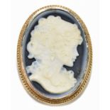 A 9ct yellow gold and laser cut hardstone cameo depicting a young girl in profile, with rope twist