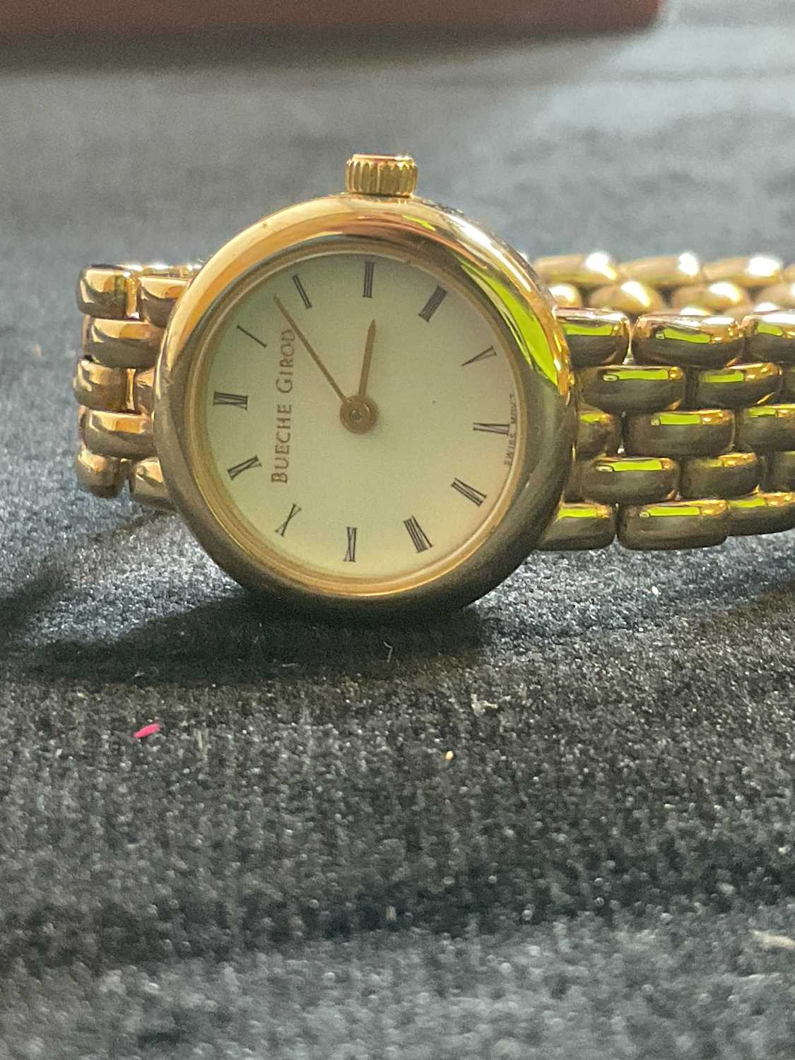 BUECHE GIROD; a lady's 9ct yellow gold wristwatch with Roman numerals to the circular dial and brick