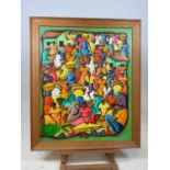 FANFAN; acrylic on board, unusual study of figures, signed, 60 x 48cm, framed.