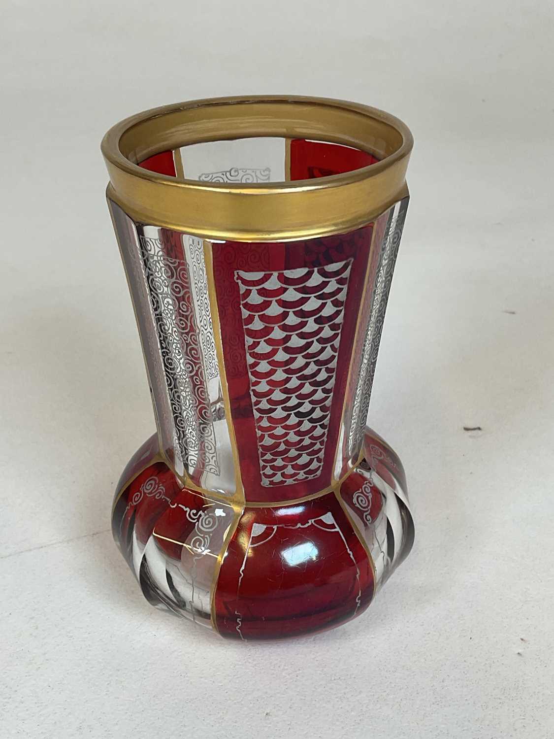 Two 19th century Bohemian ruby flash beakers, one with gilt decoration, the other with grape and - Image 2 of 7