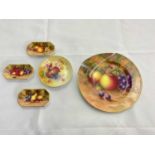 KITTY BLAKE FOR ROYAL WORCESTER; a blackberry painted small dish, diameter 11.5cm, a set of three