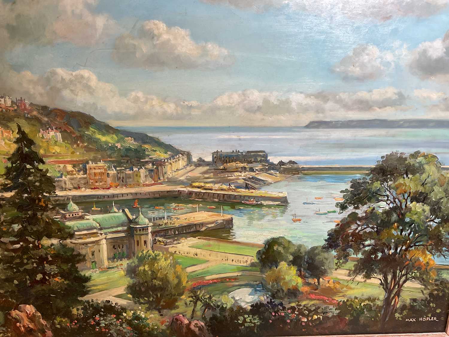 † MAX HOFLER; oil on board, view of Torquay with pavilion and harbour, signed, 48 x 58 cm, framed. - Image 5 of 6