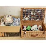 A vintage picnic basket and box of miscellaneous ceramics.