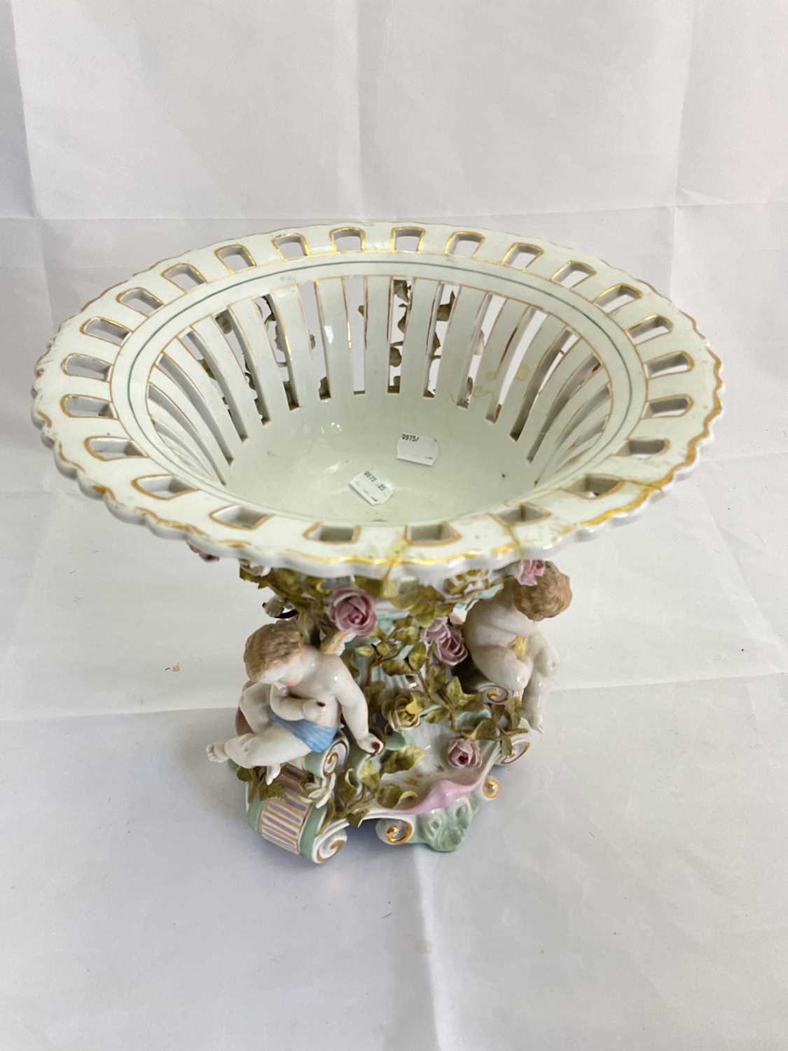 A large late 19th century Continental porcelain centrepiece with pierced circular bowl with - Image 3 of 5