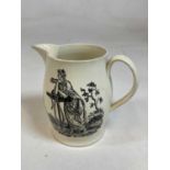 A late 18th century creamware jug decorated with a maritime scene to one side and with 'come box the