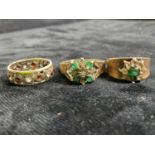 Three 9ct yellow gold dress rings, various sizes (stones either missing or damaged), combined