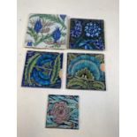 ATTRIBUTED TO WILLIAM DE MORGAN; five late 19th century square sectioned tiles each painted with