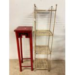 A four tiered wrought iron square section plant stand, and a faux bamboo red painted jardiniere