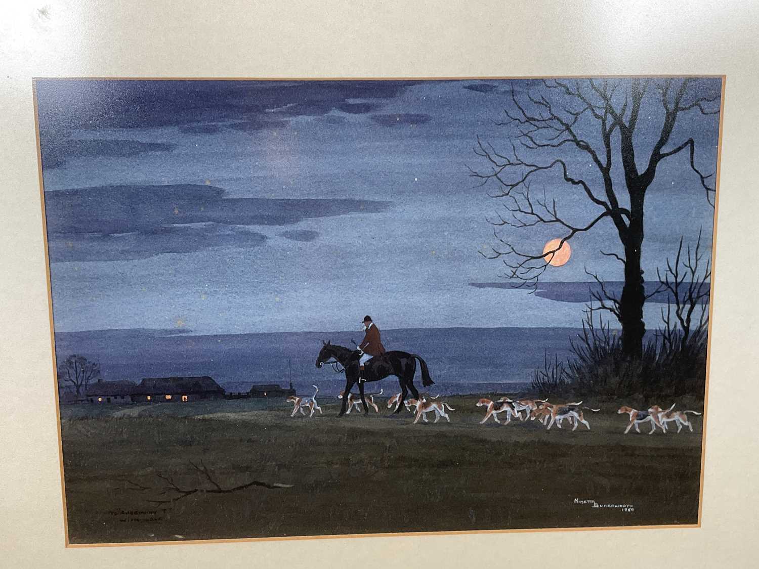 † NINETTA BUTTERWORTH; gouache, hunting scene with coastal landscape beyond, signed and dated - Image 3 of 5