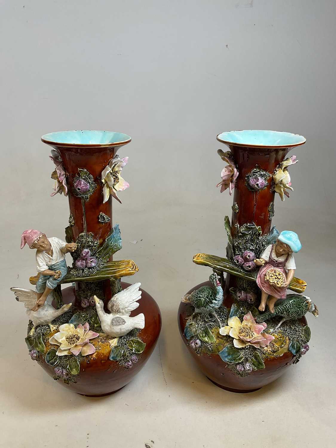 A large and impressive pair of late 19th century French majolica figural vases, height 53.5cm. - Image 2 of 11