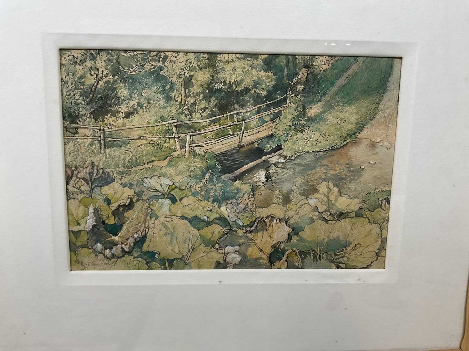 † R T GOWERN; watercolour, 'Stream near Loders, Dorset', signed and inscribed on exhibition label