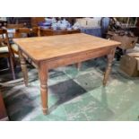 A rustic pine triple planked topped single drawer kitchen table, length 120cm.