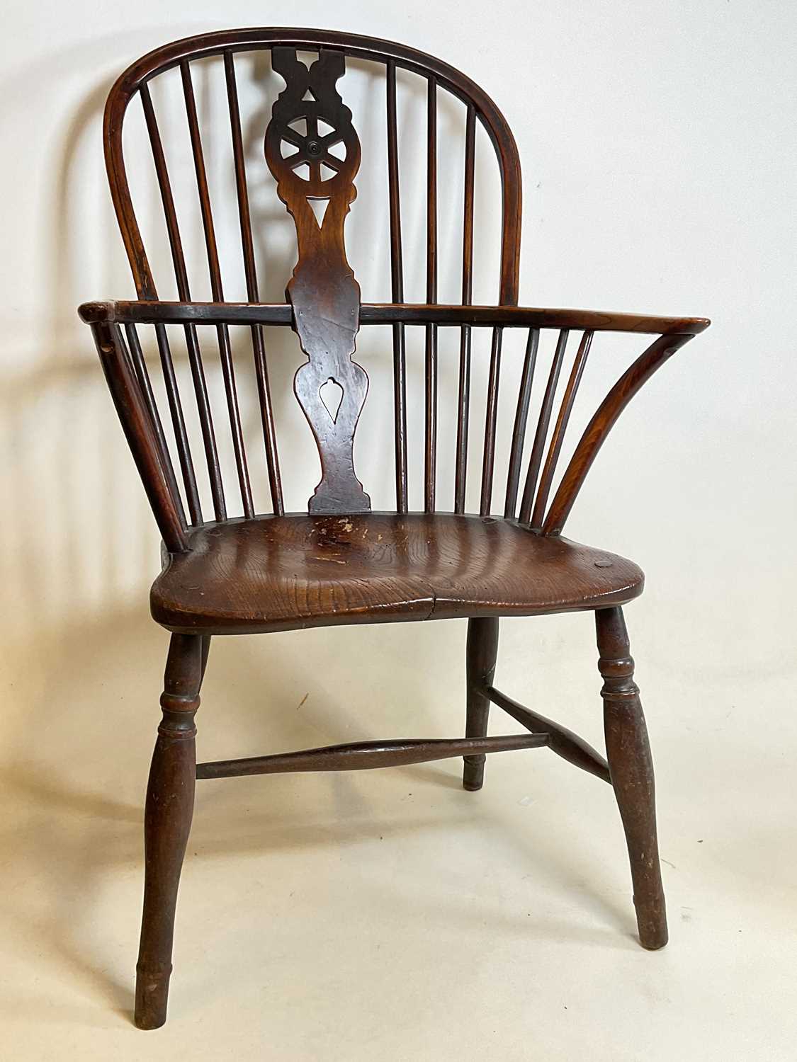 An early to mid-19th century ash and elm hoop back Windsor elbow chair with saddle seat and straight - Image 3 of 7