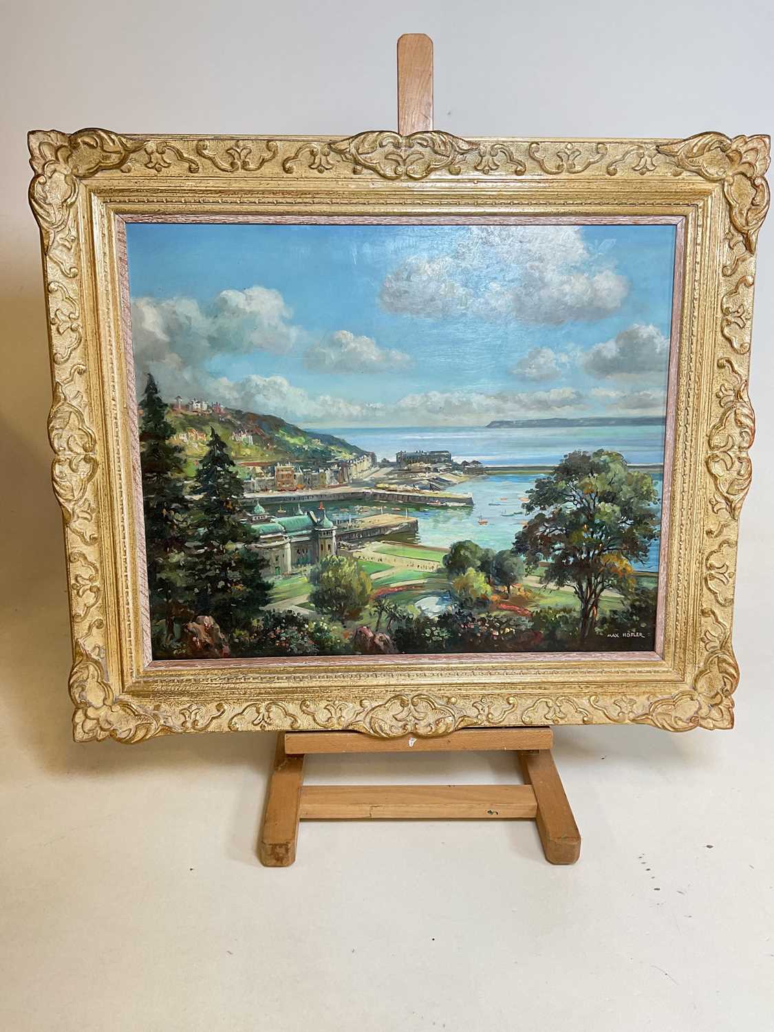 † MAX HOFLER; oil on board, view of Torquay with pavilion and harbour, signed, 48 x 58 cm, framed.