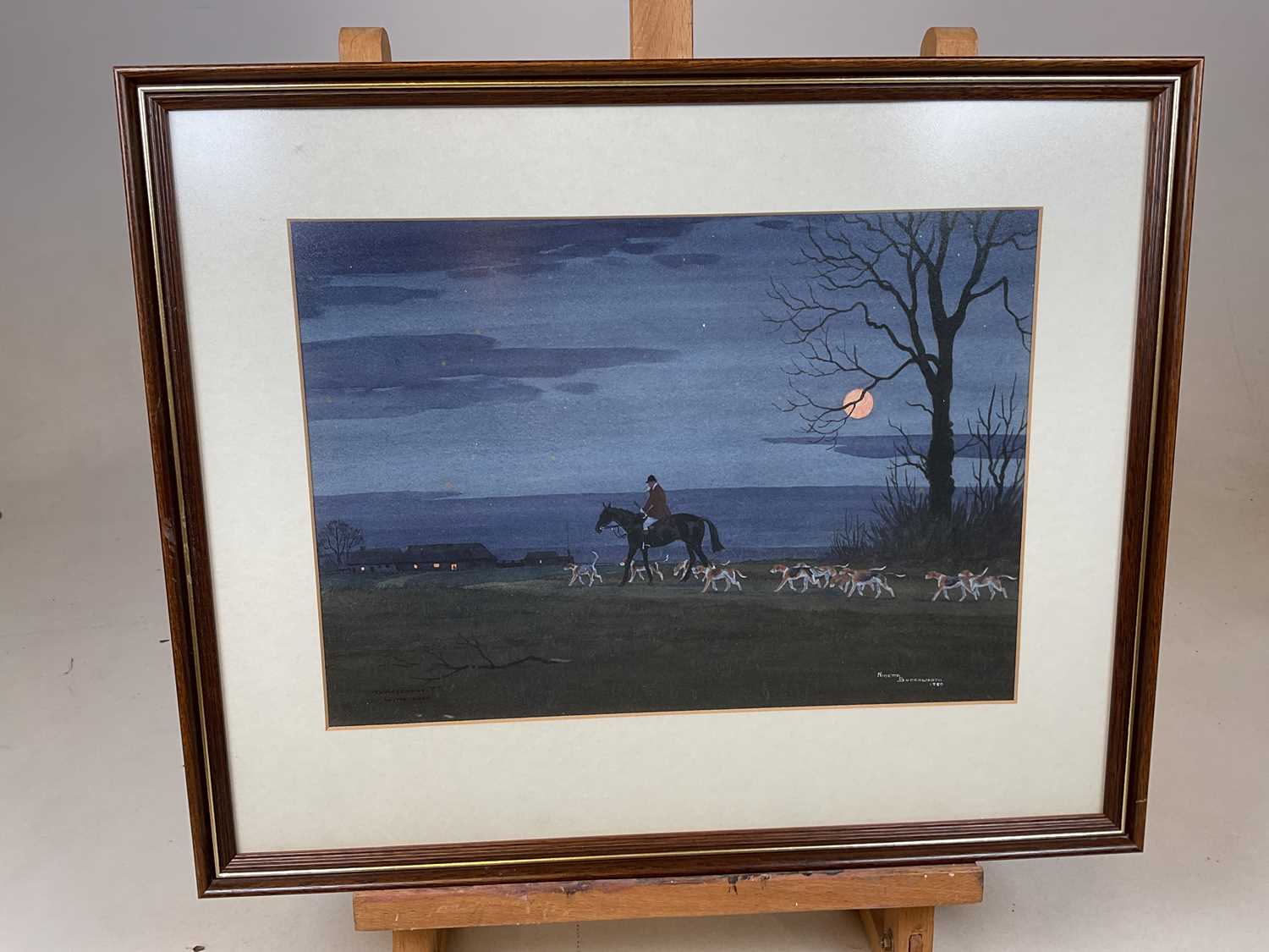 † NINETTA BUTTERWORTH; gouache, hunting scene with coastal landscape beyond, signed and dated