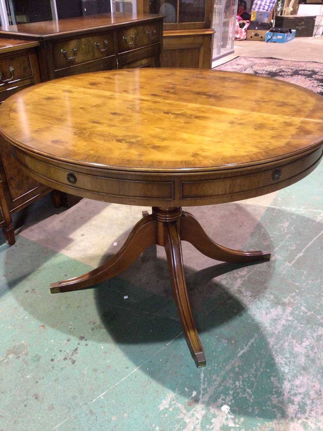 BEVAN FUNNELL; a reproduction yew wood dining room suite comprising circular extending table, six - Image 8 of 14