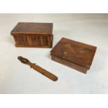 Three pieces of Sorrento ware comprising a lidded box modelled as a shelf of books, a sewing box