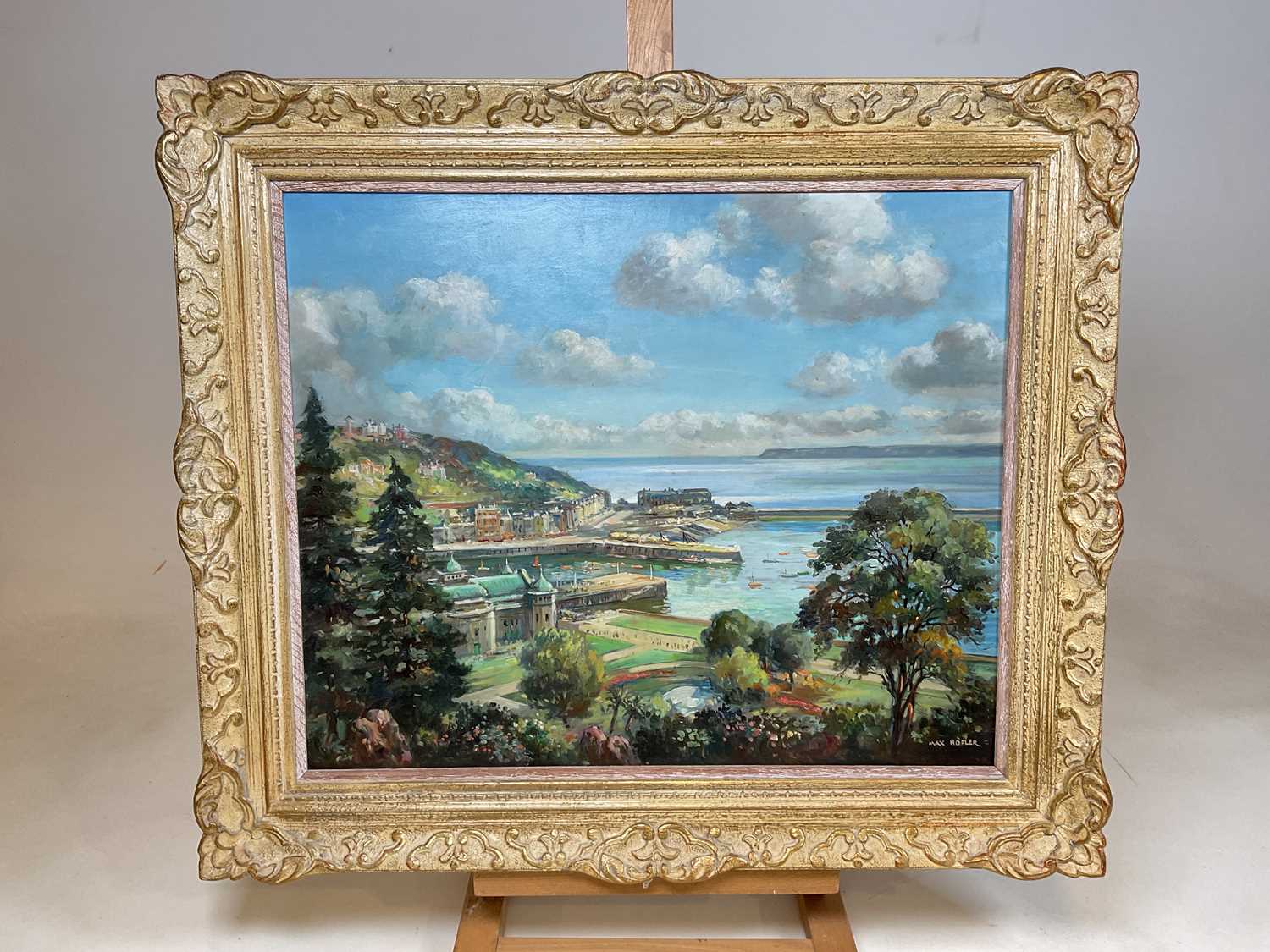 † MAX HOFLER; oil on board, view of Torquay with pavilion and harbour, signed, 48 x 58 cm, framed. - Image 2 of 6