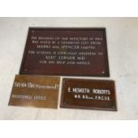 A rectangular bronzed presentation plaque with inscription, a name plate for E. Hesketh Roberts (